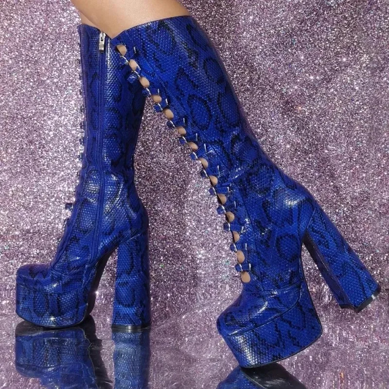 European And American Punk Style Front Buckle Strap Thick Soled Knee High Cool Boots For Women, High-Heeled Side Zipper Shoes