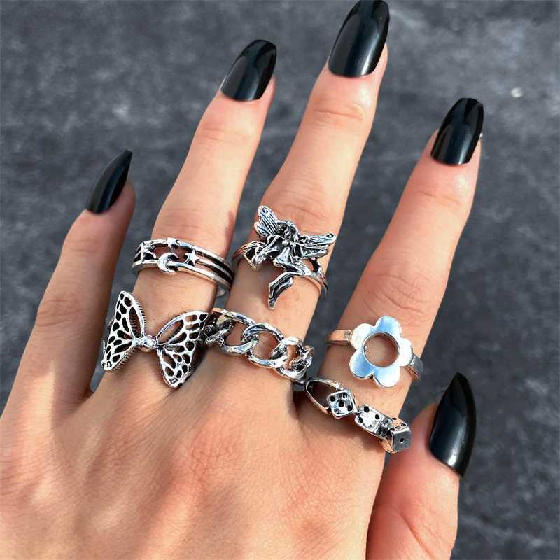 Punk Gothic Ring Set Text Black D Retro Spades Ace Silver Plated Retro Rhinestone Charm Finger Jewelry X241106