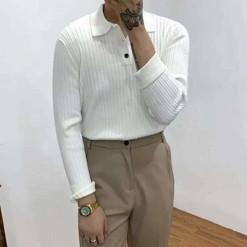 Autumn Long Sleeve Knit Polo Shirt Men Fashion Ribbed Solid Color Slim Polo T-shirts Knitted Mens Casual Button Lapel Pullovers 241106