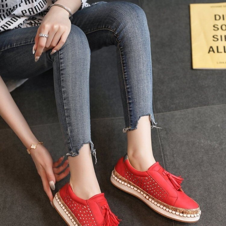 Large size new casual single shoes women's shoes hollow out one foot pedal tassel low cut daily round toe lazy shoes