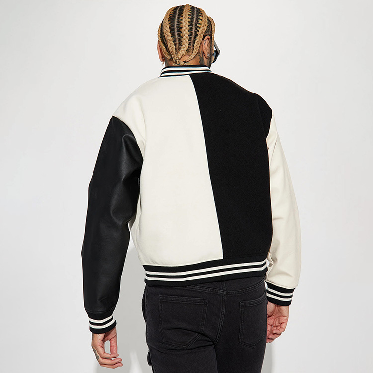 HL Custom Wholesale Wool Shell Letterman Bomber Jacket White Black Combo Faux Leather Sleeves Colorblock Varsity Men's Jacket