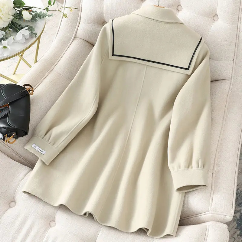 Women Wool Blends Coats Fashion Patchwork ned Puff Sleeve Elegant Lady Cashmere Clothes M4XL Mujer French Style Harajuku 241105
