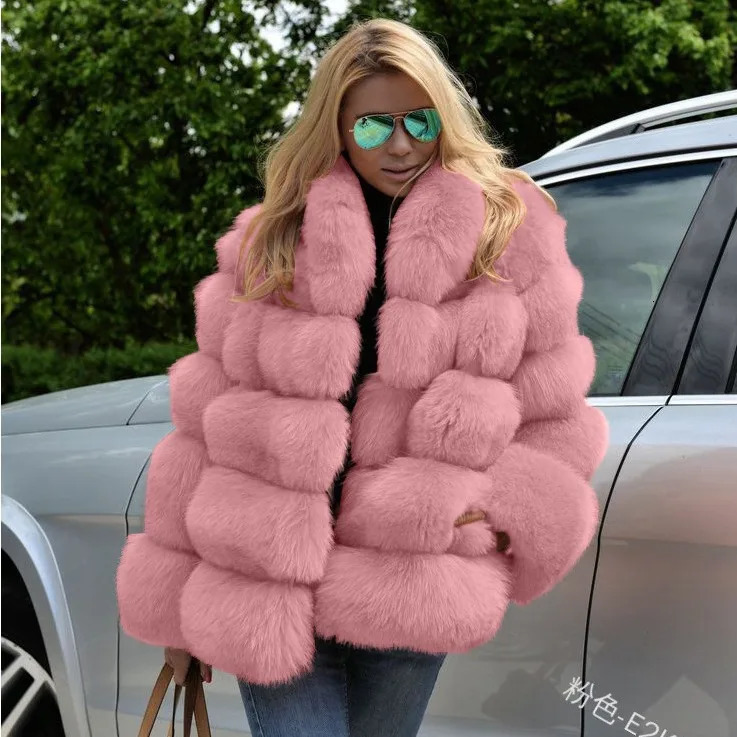 Women Fox Faux Fur Coats Mid Length Coat Turn Down Collar Full Sleeve Thick Warm Elegant Splice Autumn Winter Open Stitch 241104