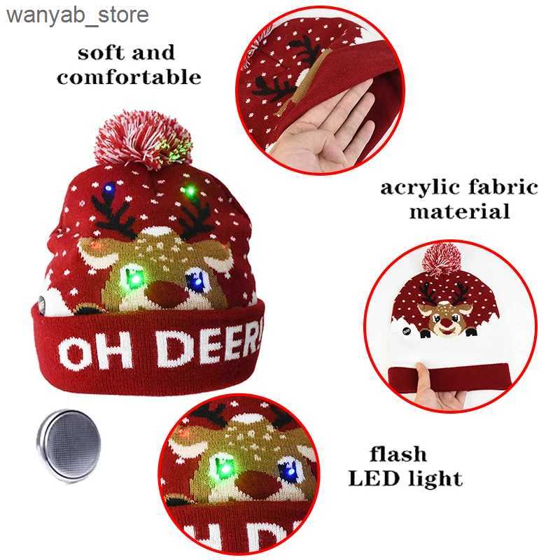 Wide Brim Hats Bucket Hats Christmas Hats Sweater Santa Elk Knitted Beanie Hat With LED Light Up Cartoon Patteren Christmas Gift For Kids New Year Sup