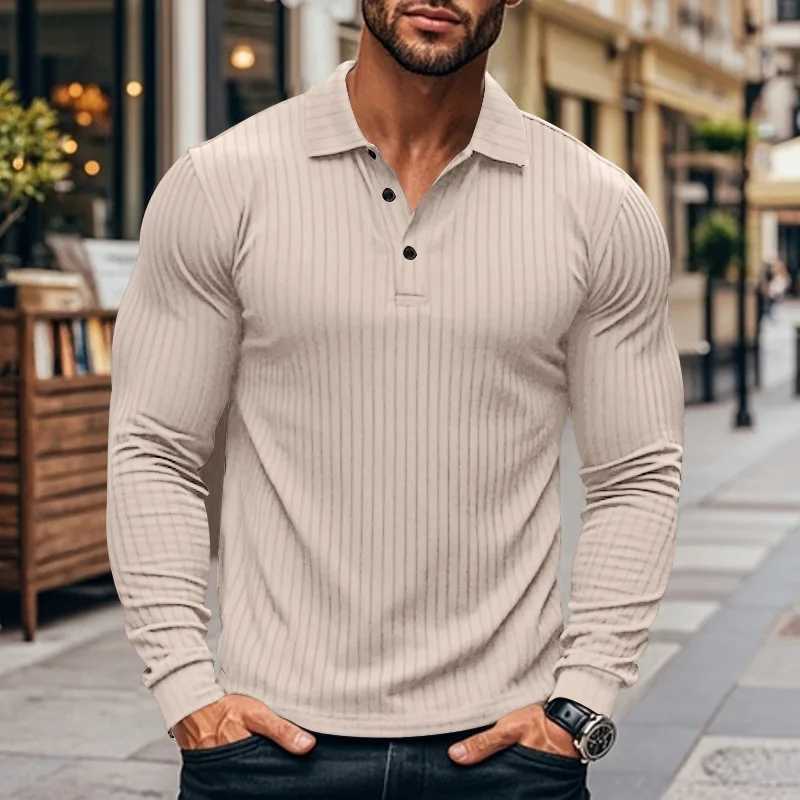 Cross border autumn mens classic casual American lapel button long sved T-shirt elastic pit striped shirt W241106