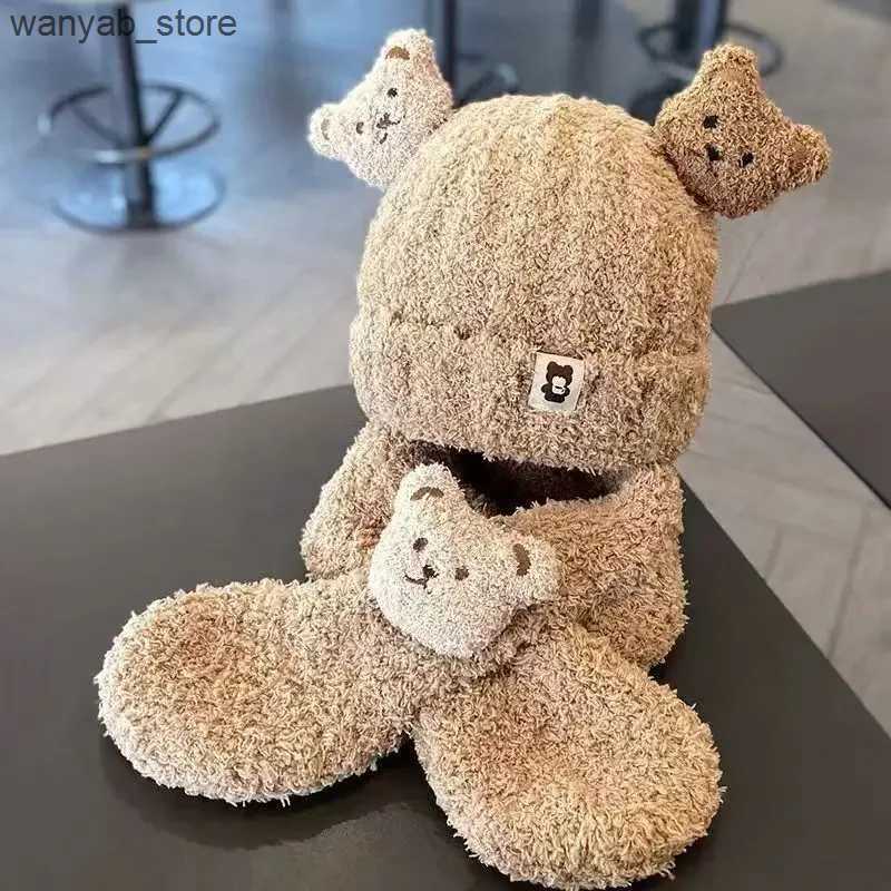 Wide Brim Hats Bucket Hats Winter Warm Baby Hat Bears Style Cute Ear Protection Knitted Hat with Velvet Warmth Scarf Set L240910