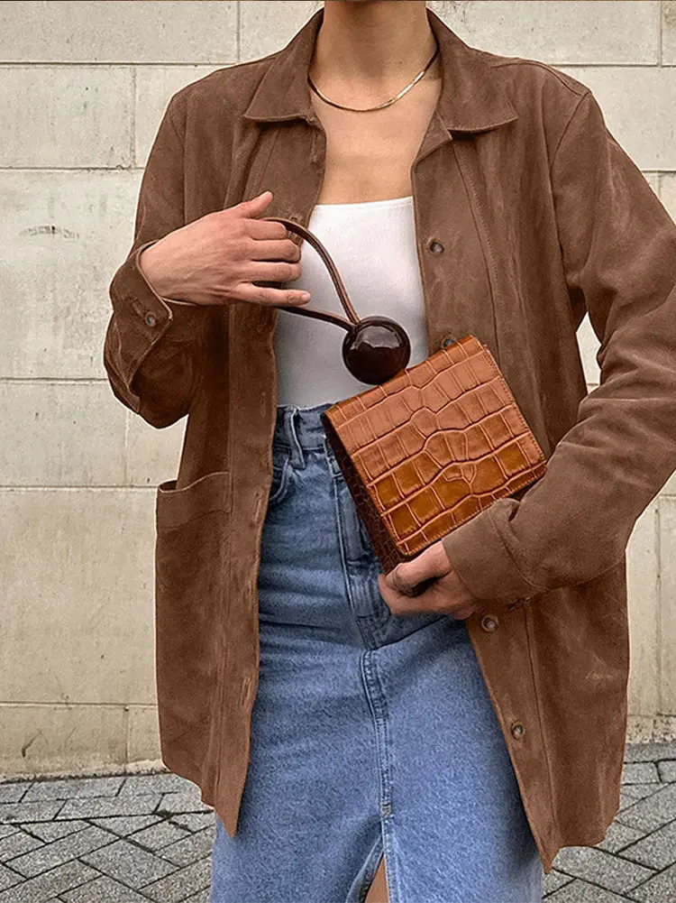 Vintage Suede Womens Jacket Shirt Casual Turndown Collar Women Jackets Coat Solid Color Autumn Fashion Female Jacket Blouses 241106