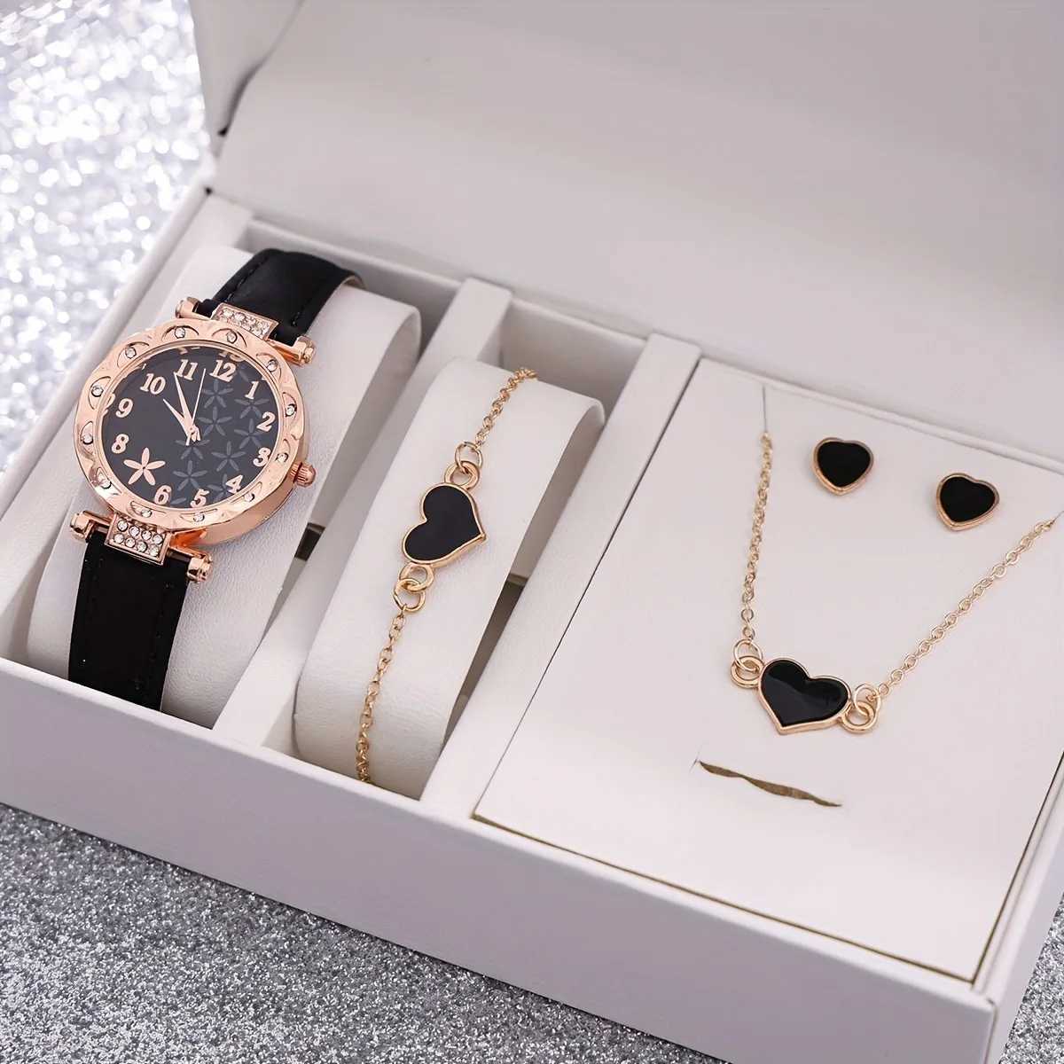 5 quartz watches for Wenpu leather watch black jewelry set perfect gift for her M girlfriend X241106