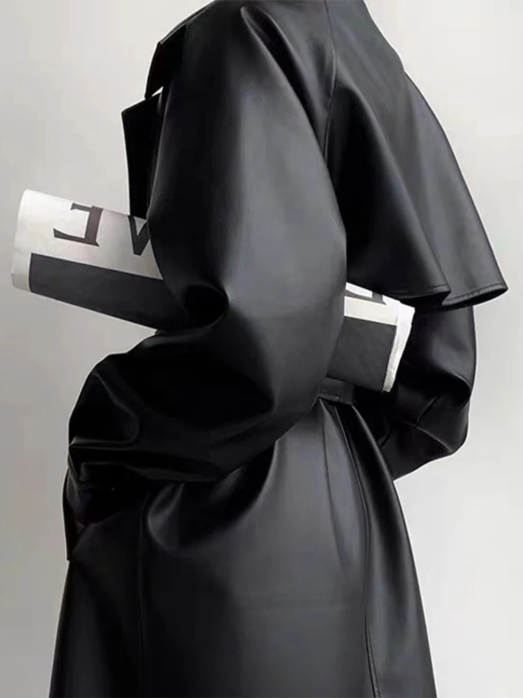 Leather Long Women Jacket Street Fashion Turn-down Collar Female Jackets 2024 Autumn Winter Full Sleeve Belt Loose PU Coats 241106