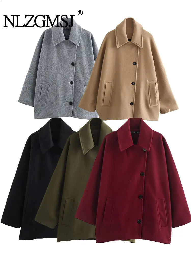 TRAF 2024 Autumn Winter Women Wool Blend Coat Lapel Cape Sleeves Fashion Oversized Button Chic Outdoor Outerwear 241105