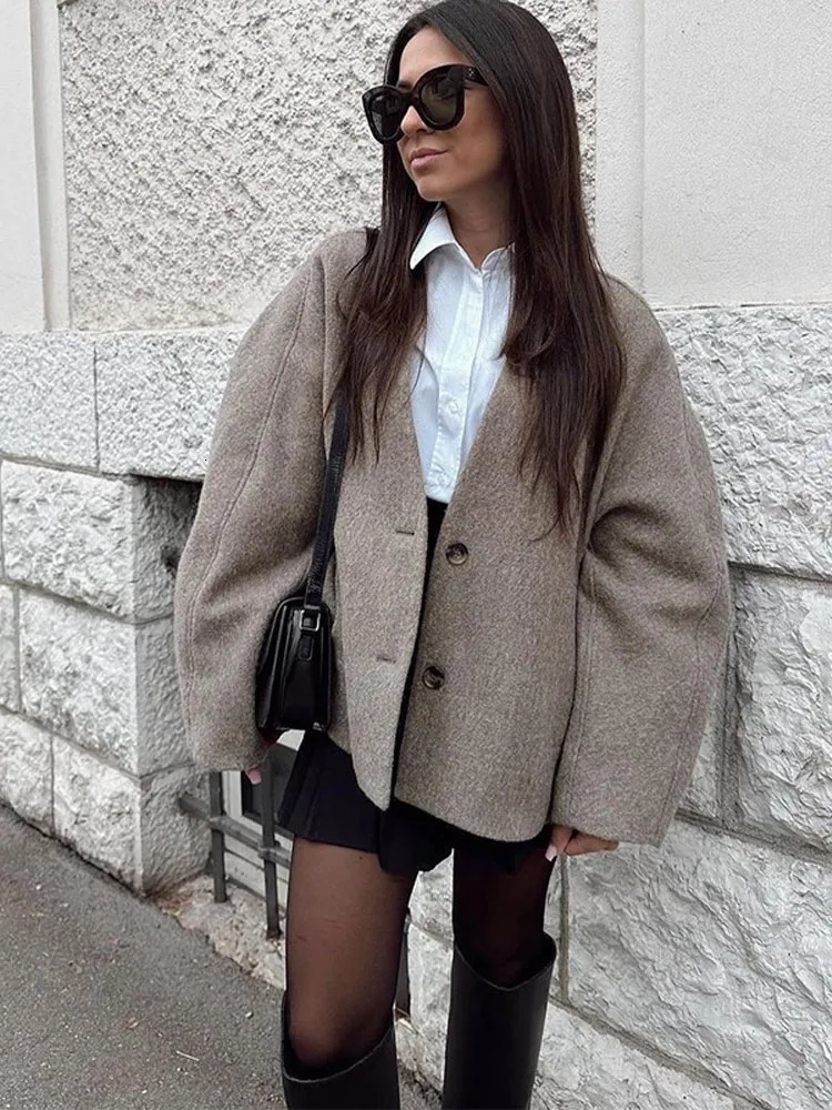 Women Woolen Blends Solid Blazer Coat Fashion Loose Single Breasted Long Sleeve Pockets Jackets Chic Female Coats 241106