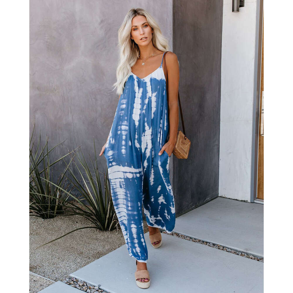 2024 New Summer Women's Jumpsuit Suspender Sexy Wide Leg Casual Printed Pants