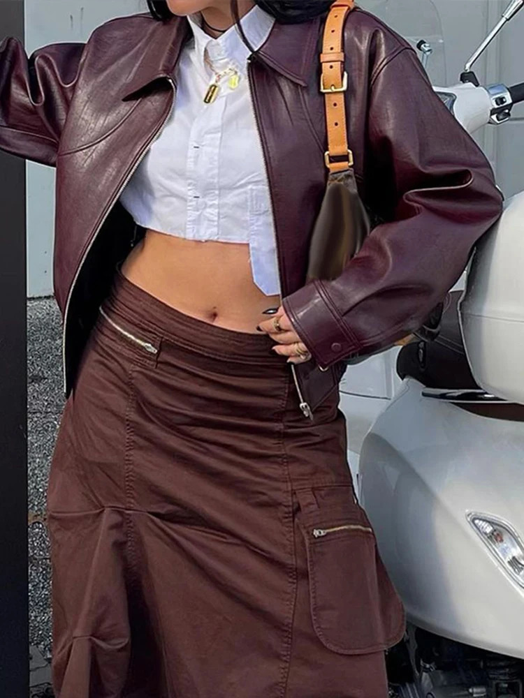 Vintage Leather Womens Jacket Solid Color Short Jackets Coats Women Fashion Casual Turndown Jacket Autumn Womens Coat 241106