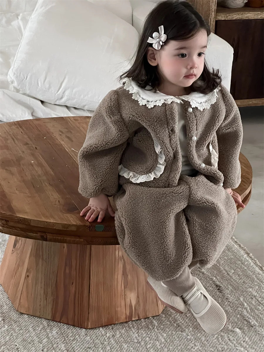 Winter Baby Fleece Warm Clothes Set Girls Cute Lace Cardigan Coat Pants Plus Velvet Thick 2pcs Suit Infant Outfits 241106