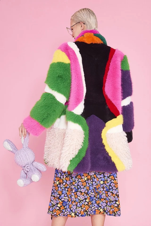 Personalized Faux Fur Coat MultiColor Splicing Bright Soft Comfortable HighQuality Women 241104