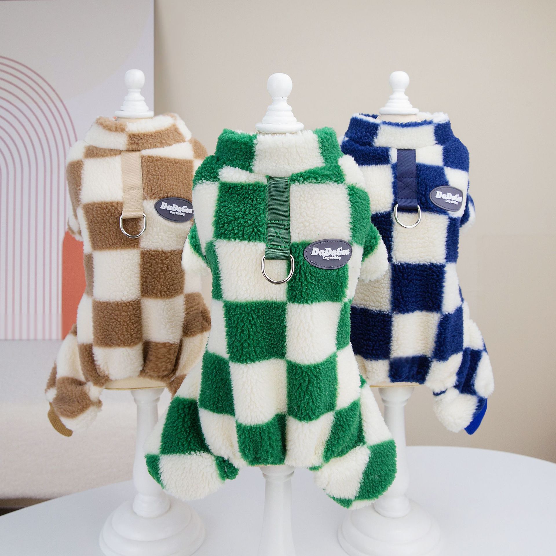 Top Selling Dog Clothes Matching With D Ring Dog Rompers Coral Fleece Pet Four legs Clothes Big Checkers