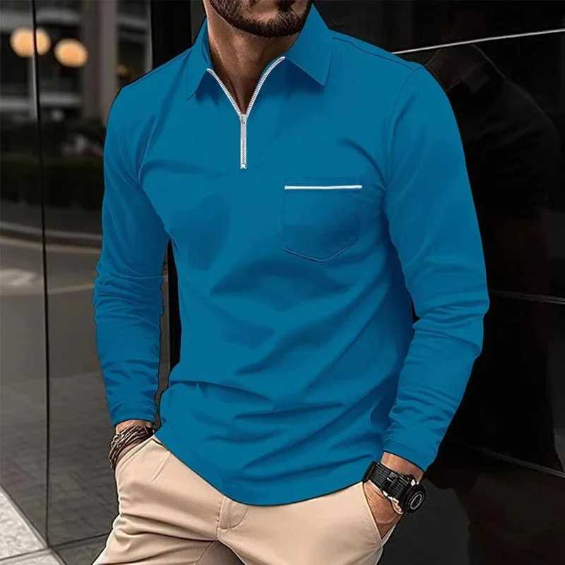 Mens Fashion Shirt Autumn Long Sve Collar Zipper Pocket Business Casual T-shirt Pullover Strt Wear XS-XL W241106