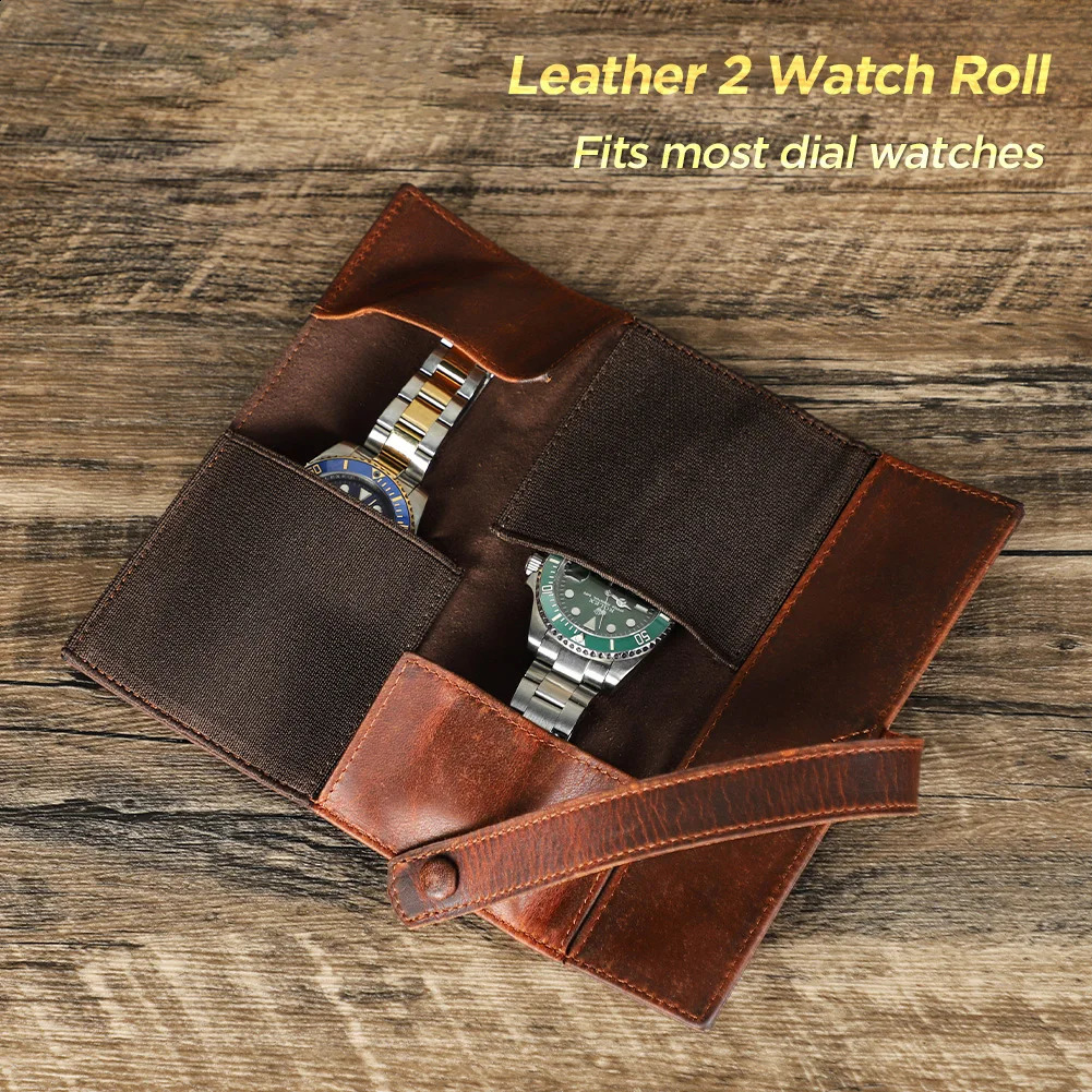 Full grain oil leather 2-groove watch roll storage adjustable shell portable travel watch bag metal buckle ultra-fine fiber lining 241105