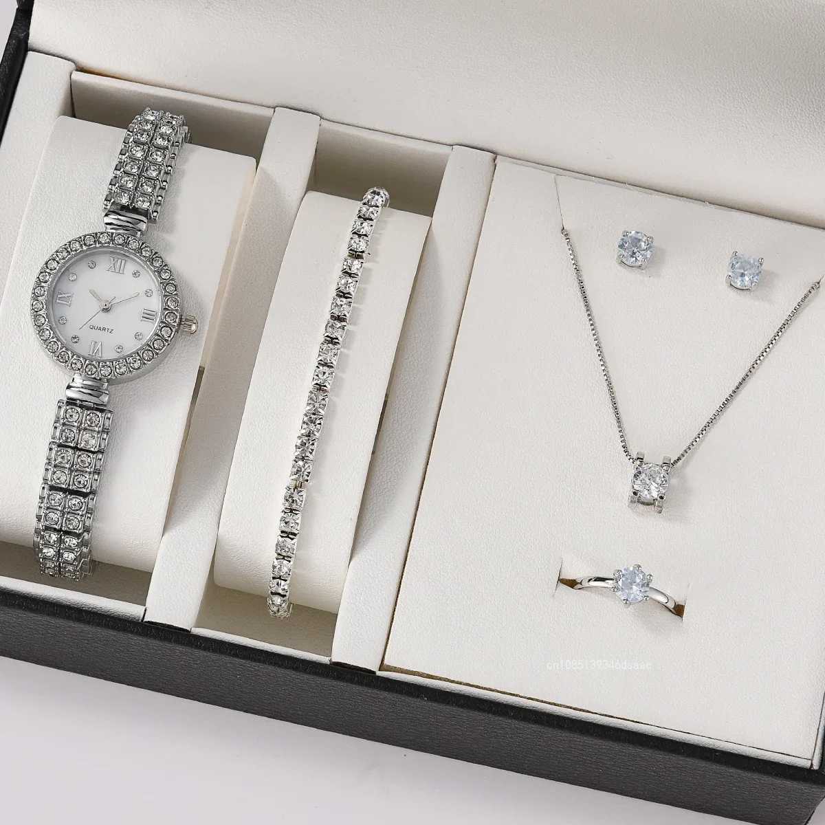 6 pieces/set of jewelry set luxurious quartz watch with stainless steel strap clock rhinestone ring necklace earrings (without box) X241106