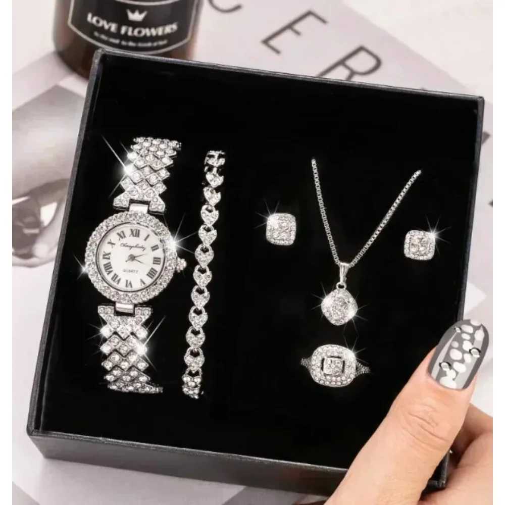 Luxury Fl Crystal 5-piece Watch Necklace Earrings Ring Set Rhinestone Watch Fem Bracelet Set Gift Reloj MUJI X241106