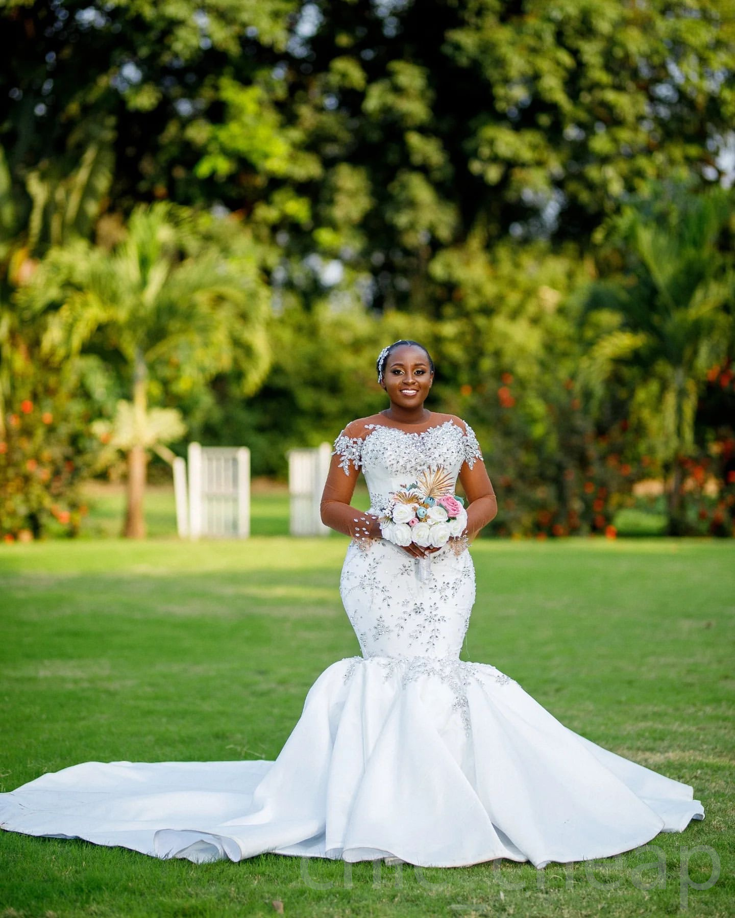2024 Arabic Aso Ebi Plus Size White Mermaid Wedding Dresses Rhinestones Lace Full Sleeves Detachable Train Luxurious Bridal Gowns Dress ZJ0249