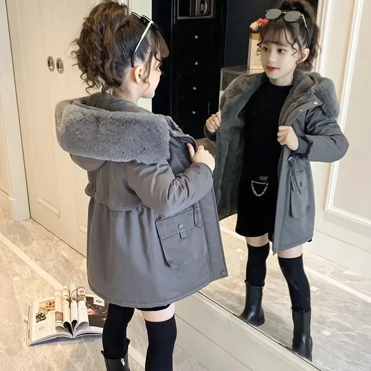 Girls cotton jacket winter childrens fashion plush thick style surpasses girls cotton jacket 241106