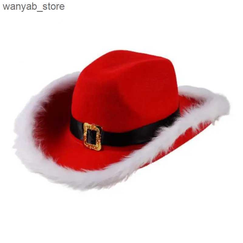 Wide Brim Hats Bucket Hats Fashion Christmas Cowboy Hats LED Luminous Red Velvet And White Feather Santa Hat Women Girls Cosplay Tiara New Year Party 