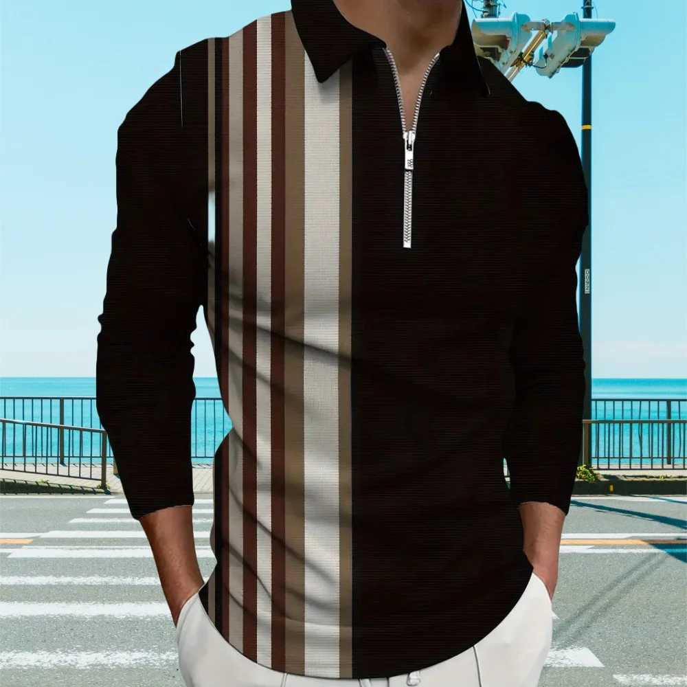 Mens shirt fashionable color block printing casual lapel clothing mens T-shirt top fashionable V-neck sports long Sve mens clothing W241106
