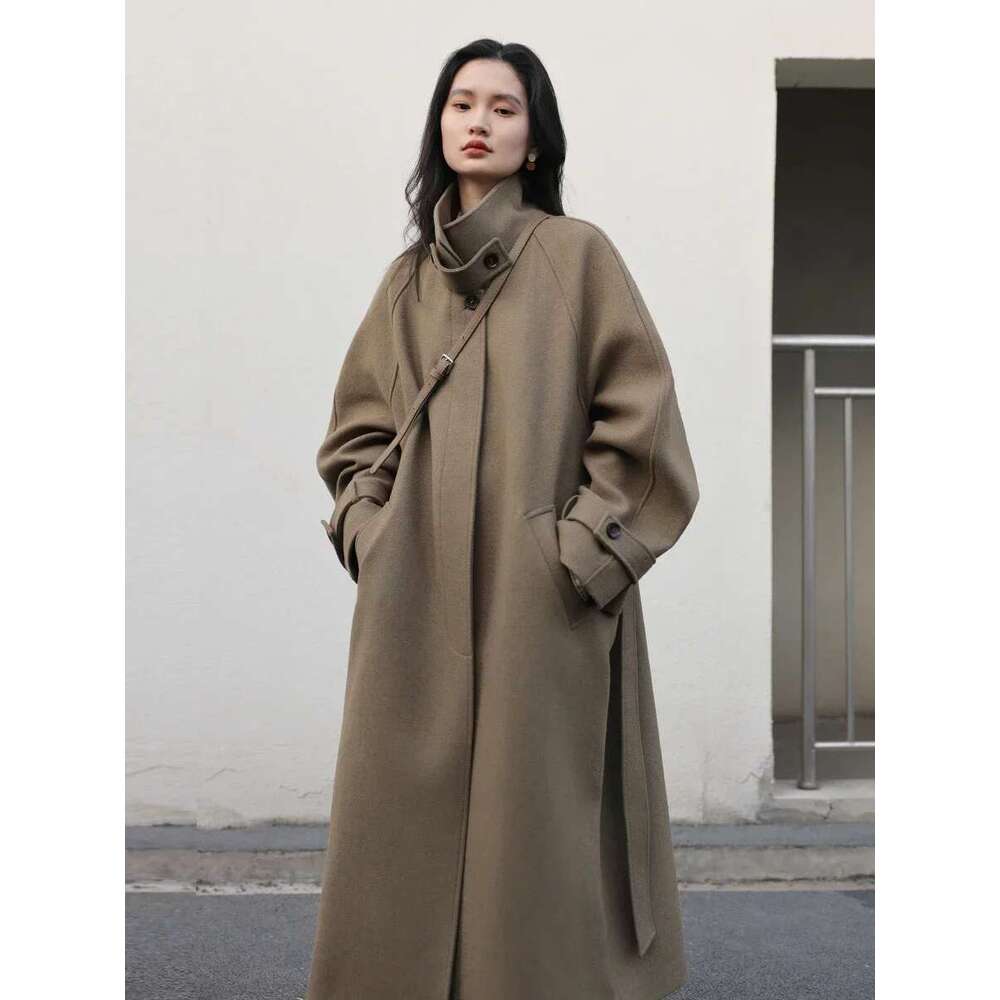 CHIC VEN Women's Trencn Standing Belt Lace Up Woolen Coat Raglan Sleeves Long Overcoat Office Lady Autumn Winter 2024