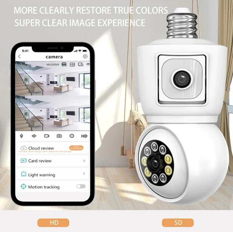 2MP E27 Bulb WiFi Camera Dual Lens Dual Screen Auto Tracking Two Way Audio Color Night Vision Outdoor Security Camera