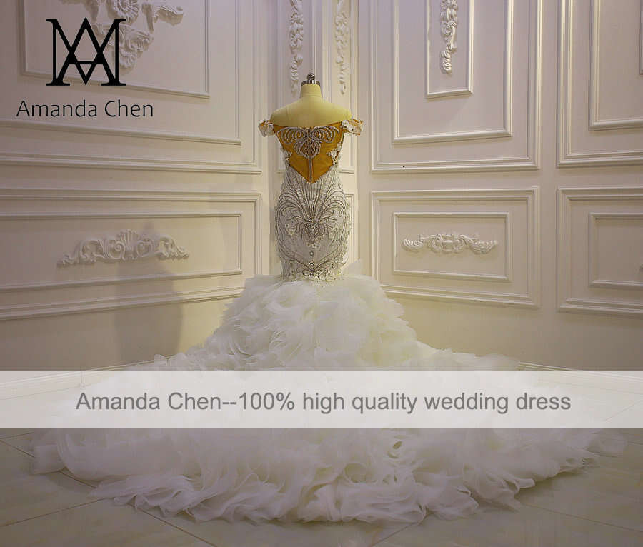 robe sirene mariage Off Shoulder Crystal Mermaid Ruffle Wedding Dress