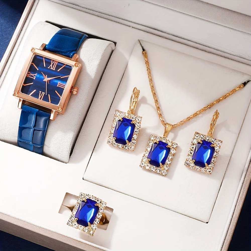 5 pieces/set of vintage square pointer quartz watch with simulated green watch and rhinestone jewelry set for M as a gift X241106