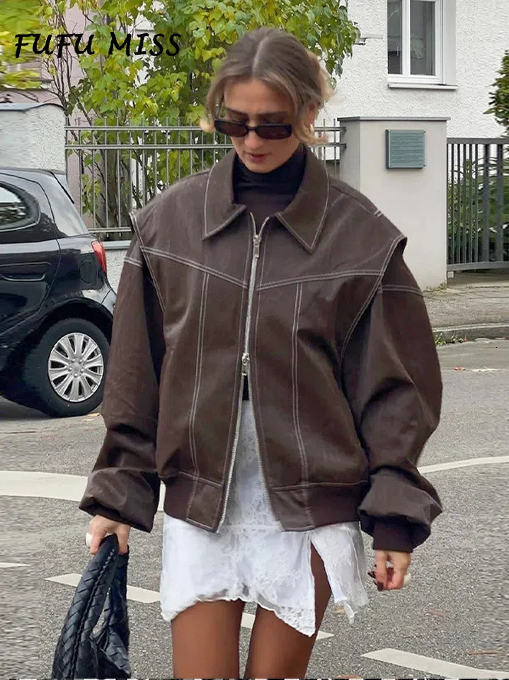 Vintage Solid Lapel Leather Jacket Women Long Sleeve Zipped Pocket Loose Coat 2024 Autumn Lady High Street Locomotive Outerwear 241106