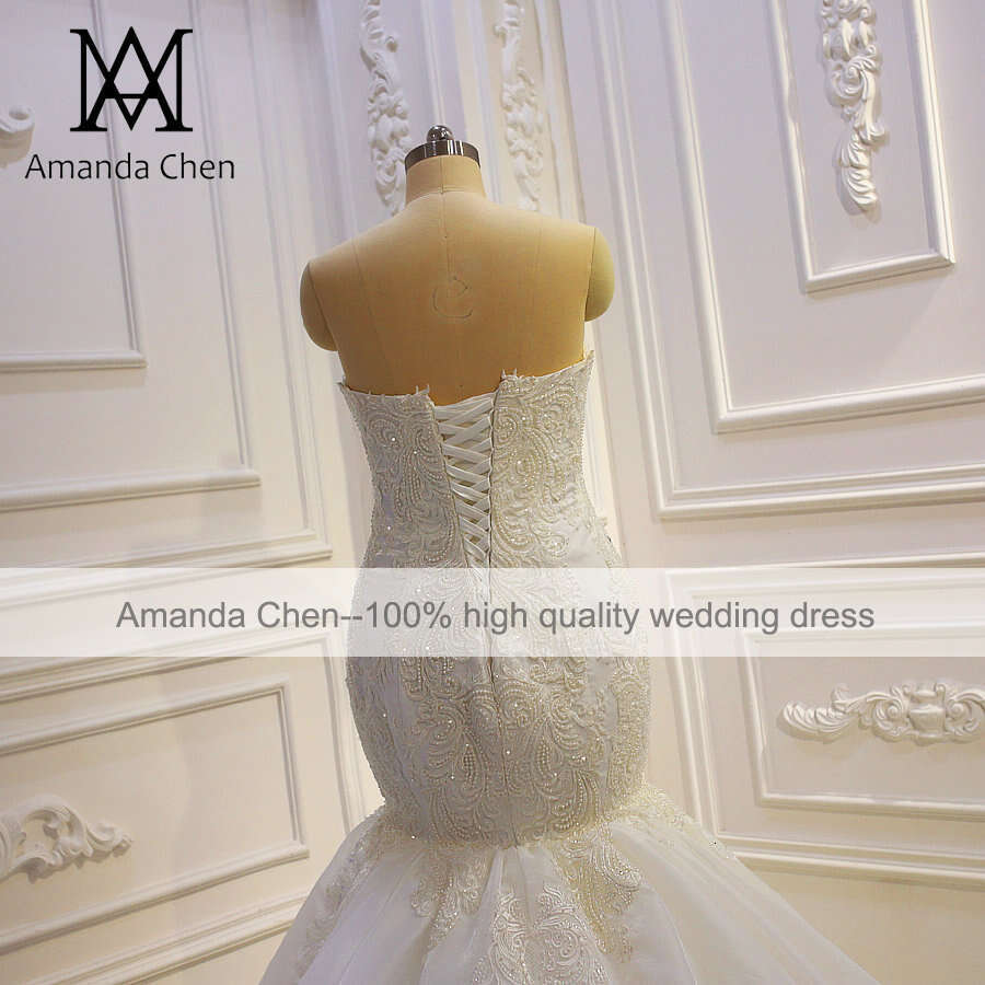 robe Lace Appliqued Beading Mermaid Off White Strapless Wedding Dress
