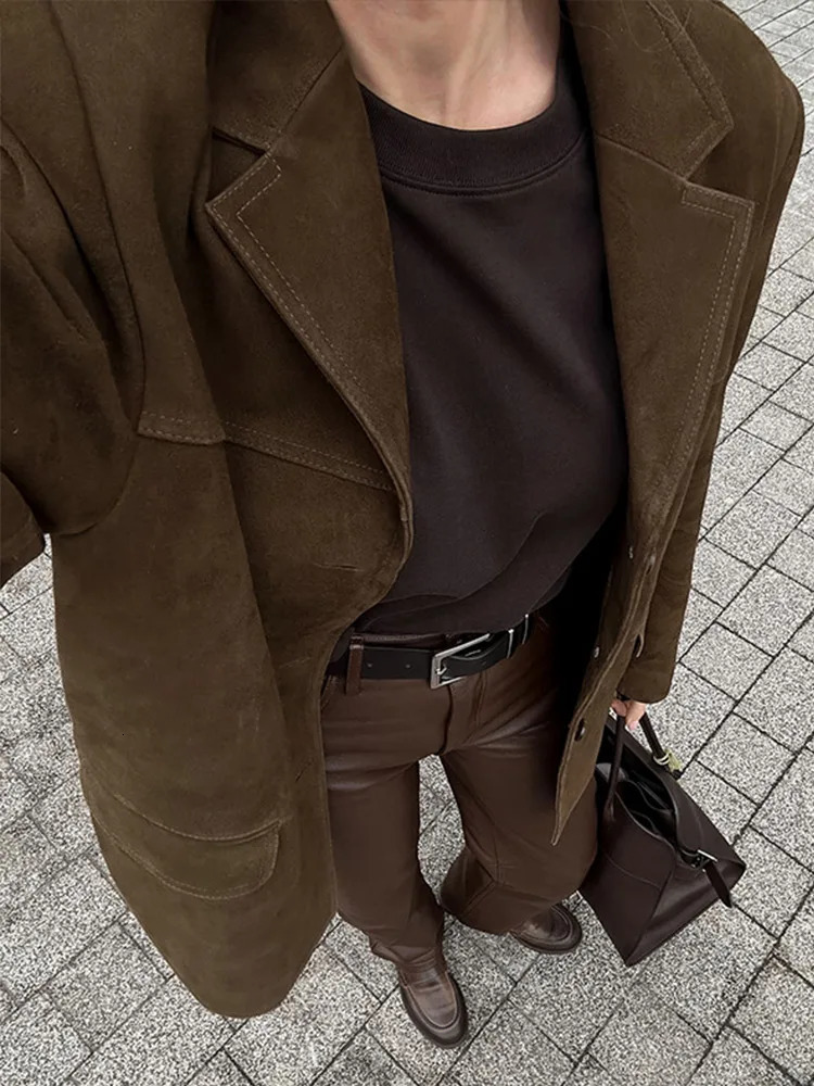 Brown Suede Womens Blazer Jackets Loose Single Breasted Pockets Lapel Coats 2024 Autumn Lady Vintage Outwears 241106