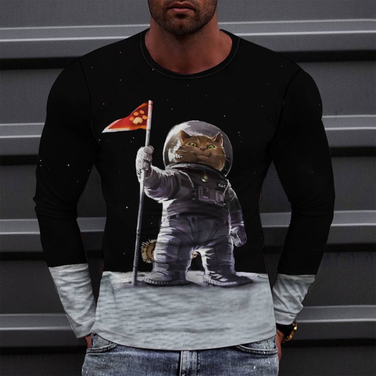 New Spring And Autumn 3D Digital Printed Cat Astronaut Men's Casual Loose Long Sleeve T-Shirt Drop Shoulder Hoodies Graphic Hoodies
