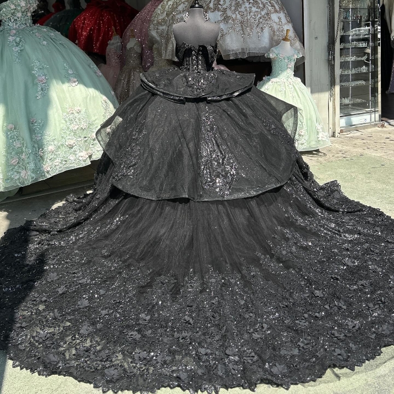 Mexican Black Quinceanera Dresses Ball Gown Beaded Crystal Lace Appliques Sweet 16 Dress Princess Lace Up Vestido De 15 Anos