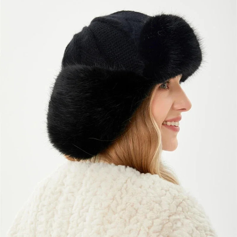 Waterproof Womens Winter Hunter Pilot Cavalry Hat Earrings Warm Russian Hat Ski Bomber Hat Knitted Earrings Protector Ushanka Hat 241106
