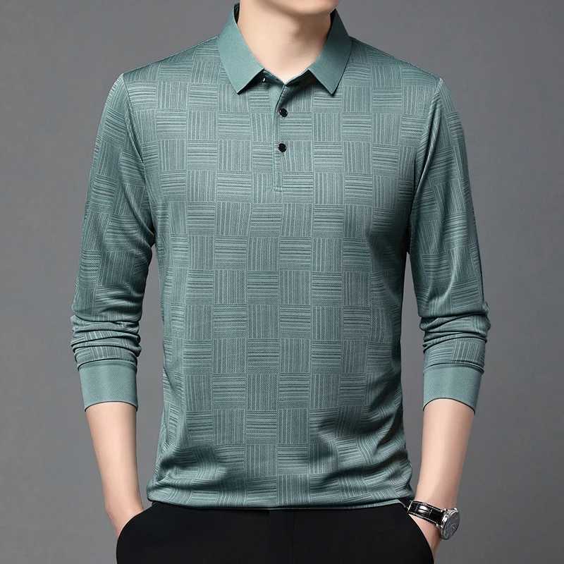 Mens high-end brand 2024 new spring and autumn striped printed long Sved seamless shirt anti wrinkle lapel T-shirt top W241106