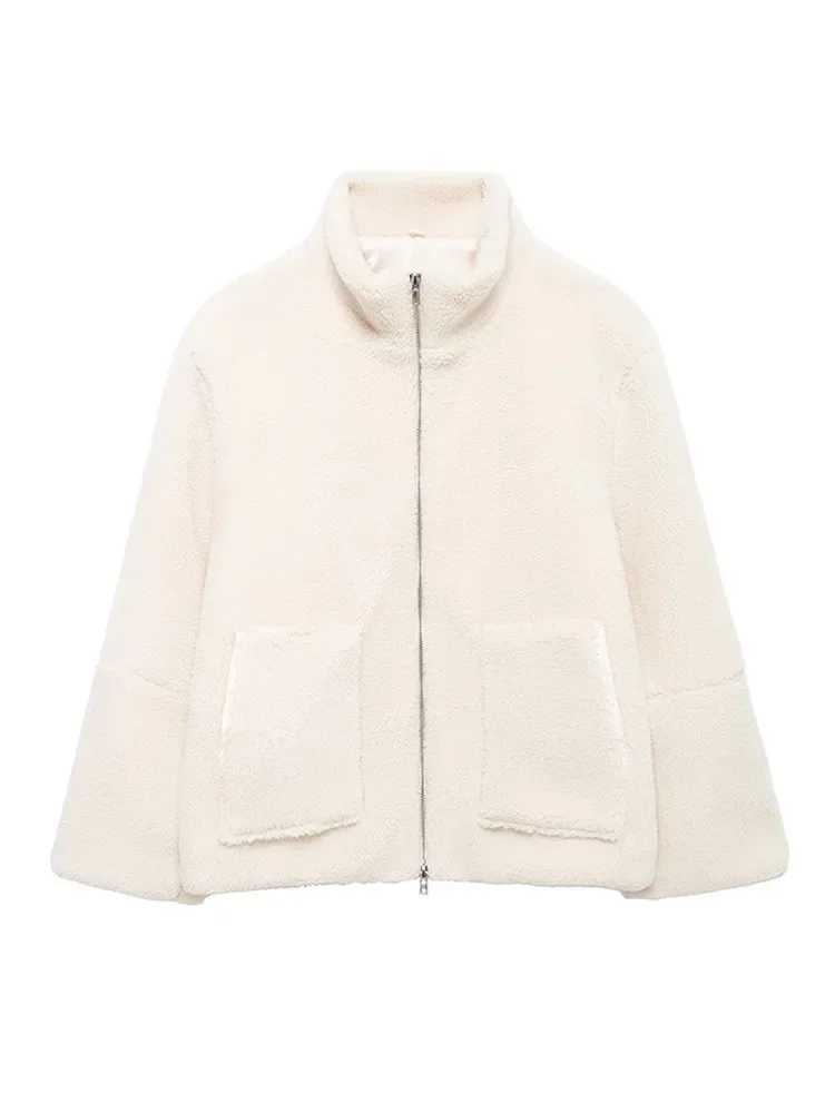 Fashion Women Solid Double Headed Zipper Lamb Wool Coat Casual Stand Collar Long Sleeve Pocket Jacket Autumn Winter Warm OutwearX241018