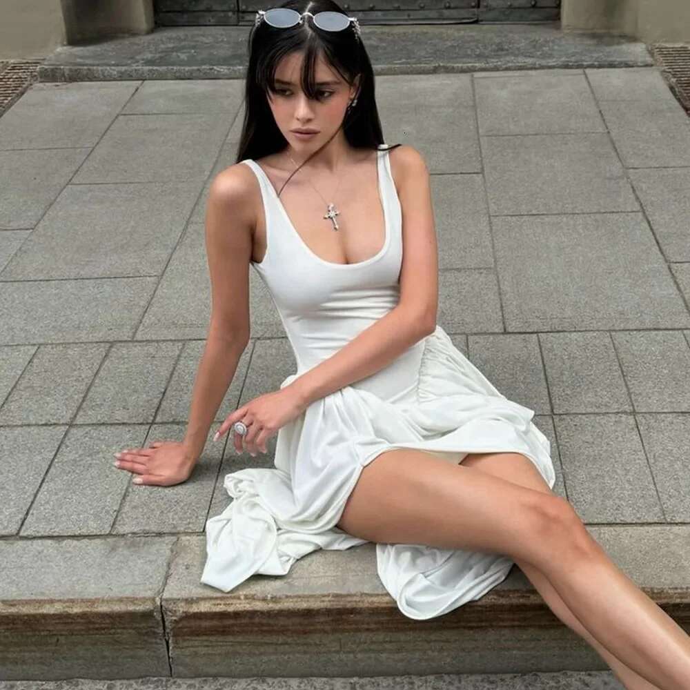 Talenza Mesh Patchwork Slit Women's New Solid Color Vest High Waist Sexy Smocked Sleeveless Slim Mini Dress