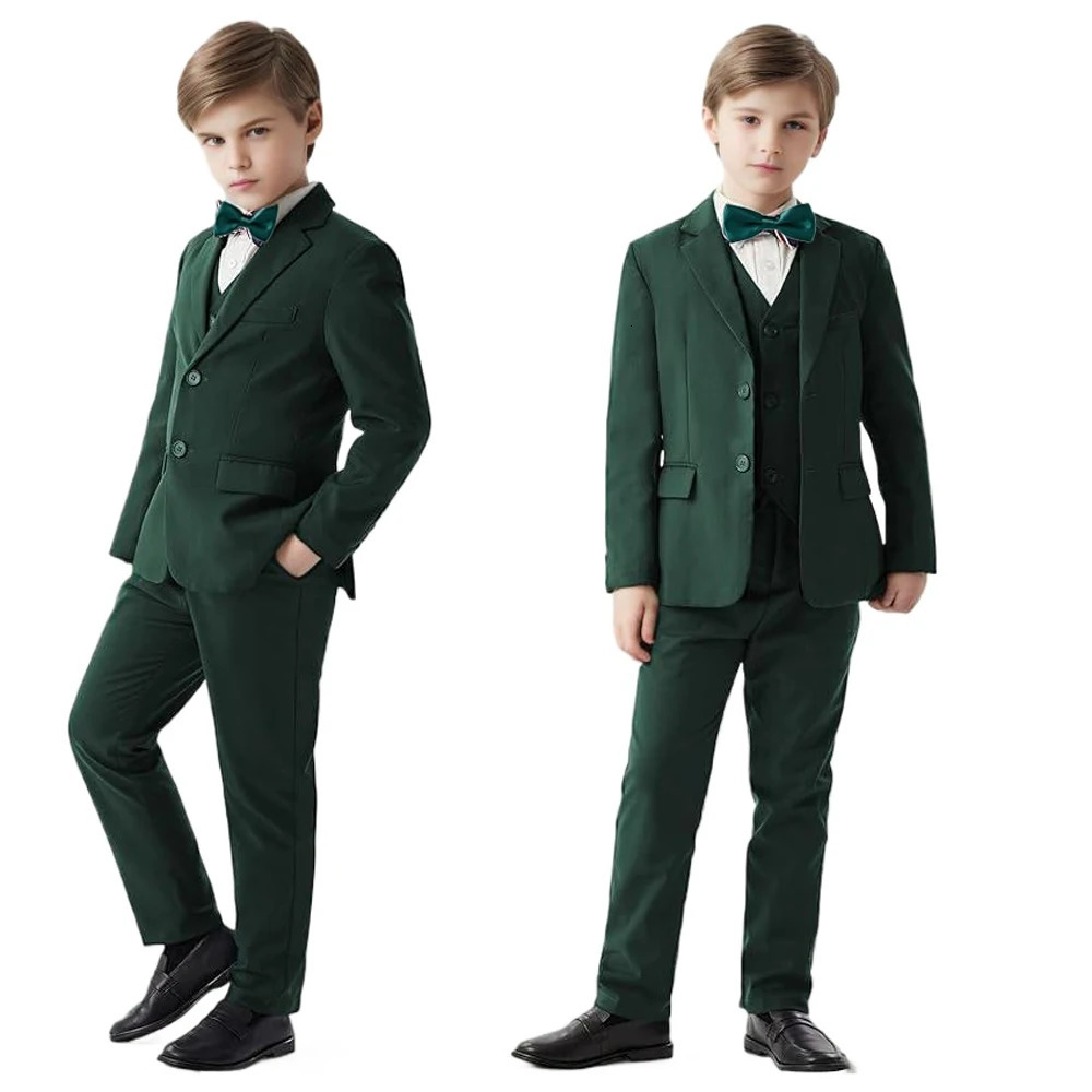 Child Green Solid Color Dress Suit Set Boys Performance Wedding Birthday Pography Costume Kid Blazer Vest Pants Bowtie Outfit 241106