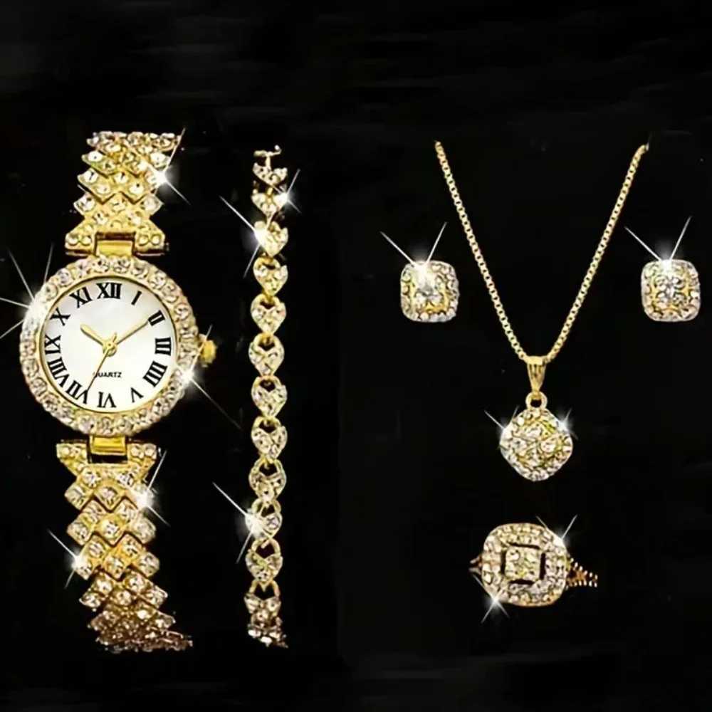 Luxury Fl Crystal 5-piece Watch Necklace Earrings Ring Set Rhinestone Watch Fem Bracelet Set Gift Reloj MUJI X241106