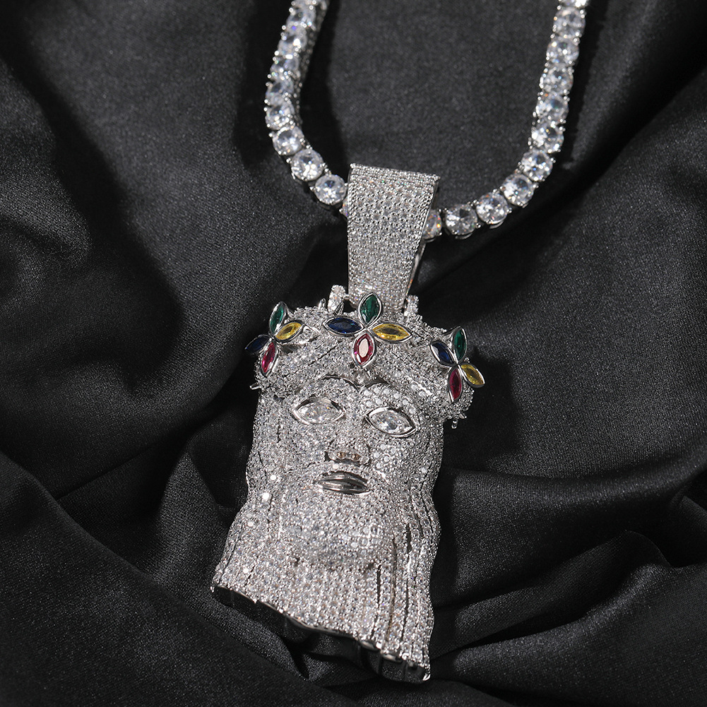 Hip Hop Colorful Cross Flower Jesus Pendant Necklace 5A Zircon Religious Jewelry