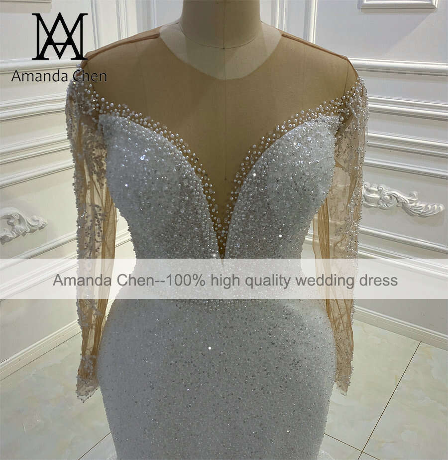 robes de mariage Long Sleeve Pearls Handwork Low Cut Wedding Dress