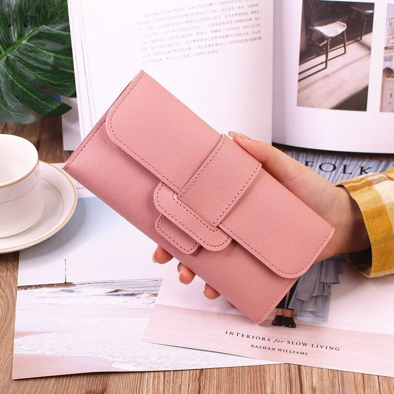 2024 Leather Women Wallets Long Hasp Foldover Pattern Coin Purses Female Solid Colors Thin Clutch Phone Bag 241029