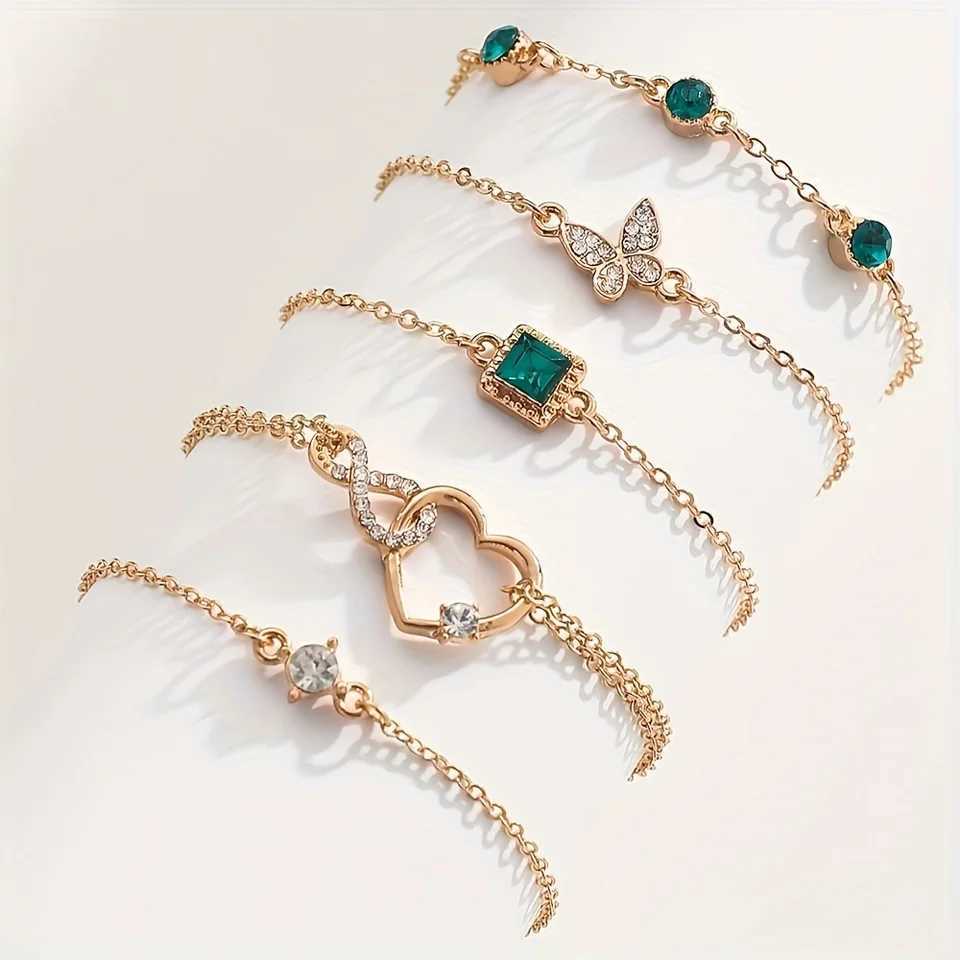 5 exquisite rhinestone bracelets fashionable Mtilayer metal chain green crystal stone bracelet Wens wedding jewelry X241106