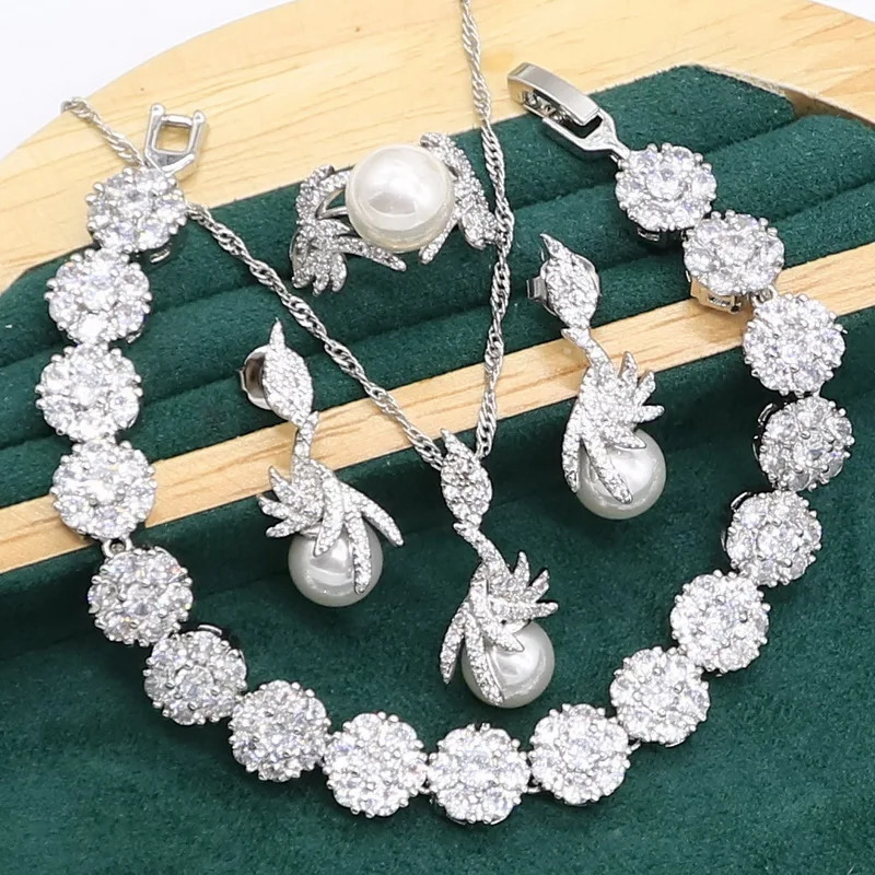 Charming white pearl 925 womens silver jewelry set zircon bracelet earrings necklace rings 241106