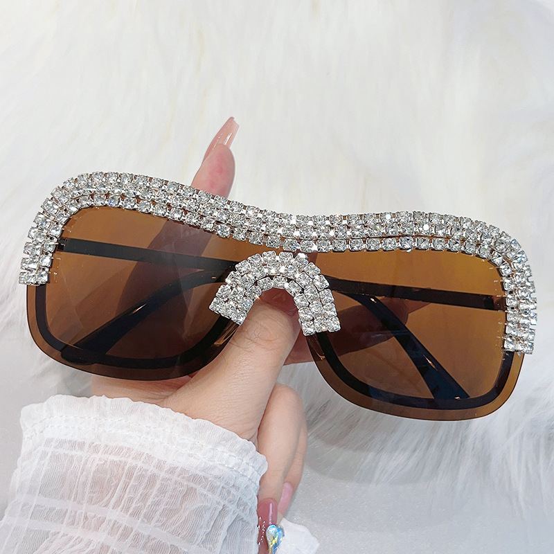 Vintage Sunglasses With Diamonds Uv400 Protection Mirrored One Piece Lens Rimless Women Sunglasses
