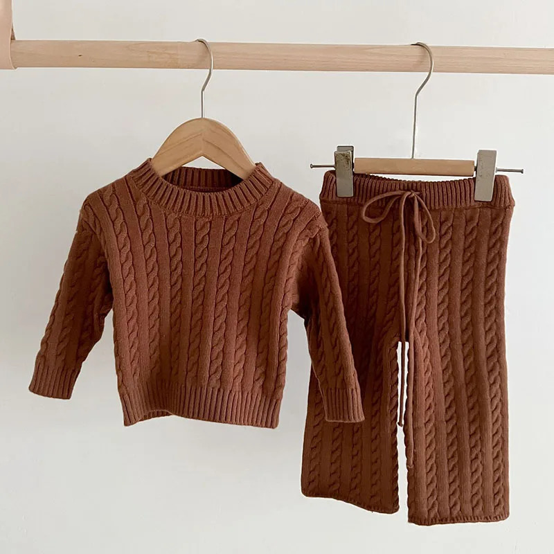 Autumn Winter born Baby Girls Clothing Suit Long Sleeved Solid Color Knitted Pullover TopPants Children Knitted Clothing Set 241106